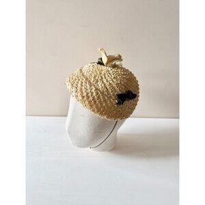 Vintage Raffia Straw Black Velvet Ribbon Yellow Faux Flower Juliet Hat